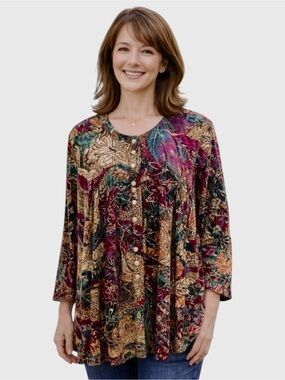 Vintage Liz Baker Velvet
Black Gold Japanese Print Button Down Long Sleeve 22W